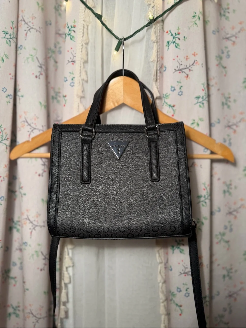 Guess Black Logo-Print Satchel with Triangle Plaque